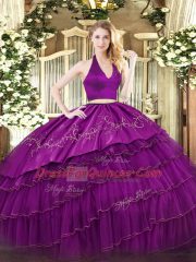 Designer Two Pieces Quinceanera Dress Fuchsia Halter Top Organza and Taffeta Sleeveless Floor Length Zipper