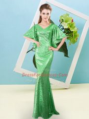 Best Green Sequined Zipper Prom Dresses Half Sleeves Floor Length Sequins