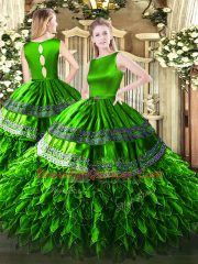 Green Ball Gowns Satin and Organza Scoop Sleeveless Ruffles Floor Length Clasp Handle Ball Gown Prom Dress