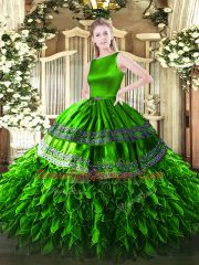 Green Ball Gowns Satin and Organza Scoop Sleeveless Ruffles Floor Length Clasp Handle Ball Gown Prom Dress