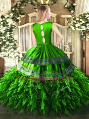 Green Ball Gowns Satin and Organza Scoop Sleeveless Ruffles Floor Length Clasp Handle Ball Gown Prom Dress