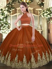 Sophisticated Rust Red Ball Gowns Tulle Halter Top Sleeveless Beading and Appliques Floor Length Backless Quinceanera Gowns