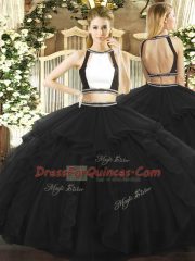 Inexpensive Black Tulle Backless Quinceanera Gown Sleeveless Floor Length Ruffled Layers