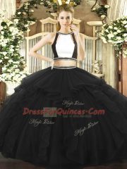 Inexpensive Black Tulle Backless Quinceanera Gown Sleeveless Floor Length Ruffled Layers