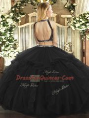 Inexpensive Black Tulle Backless Quinceanera Gown Sleeveless Floor Length Ruffled Layers