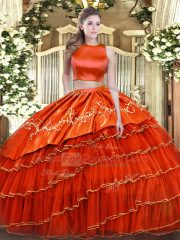 Stylish High-neck Sleeveless Criss Cross Sweet 16 Dress Orange Red Tulle