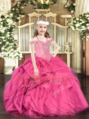 Sleeveless Floor Length Beading and Ruffles Lace Up Pageant Gowns For Girls with Hot Pink