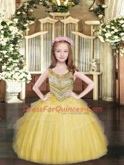 Gold Tulle Lace Up Kids Formal Wear Sleeveless Floor Length Beading and Ruffles
