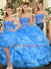 Adorable Baby Blue Sleeveless Beading and Ruffles Floor Length Quinceanera Dress