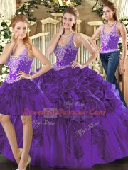 Nice Purple Sleeveless Beading and Ruffles Floor Length 15th Birthday Dress