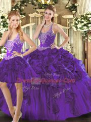 Nice Purple Sleeveless Beading and Ruffles Floor Length 15th Birthday Dress