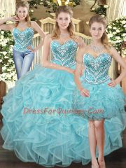 Sophisticated Sleeveless Organza Floor Length Lace Up Quinceanera Dresses in Aqua Blue with Beading and Ruffles