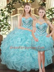 Sophisticated Sleeveless Organza Floor Length Lace Up Quinceanera Dresses in Aqua Blue with Beading and Ruffles