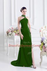 Lovely Green Prom Dress Halter Top Sleeveless Sweep Train Lace Up