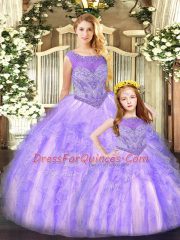 Best Beading and Ruffles Quinceanera Gown Lavender Lace Up Sleeveless Floor Length