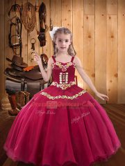 Perfect Straps Sleeveless Pageant Gowns For Girls Floor Length Embroidery Red Organza