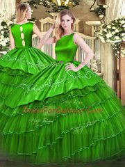 Sleeveless Organza Floor Length Clasp Handle Ball Gown Prom Dress in Green with Embroidery and Ruffled Layers