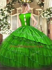 Sleeveless Organza Floor Length Clasp Handle Ball Gown Prom Dress in Green with Embroidery and Ruffled Layers