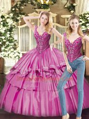 Modern Ball Gowns Quince Ball Gowns Fuchsia V-neck Organza Sleeveless Floor Length Lace Up