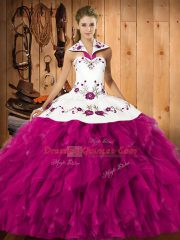 Colorful Ball Gowns 15th Birthday Dress Fuchsia Halter Top Satin and Organza Sleeveless Floor Length Lace Up