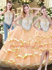 Sleeveless Organza Floor Length Zipper Sweet 16 Dresses in Peach with Beading and Ruffled Layers