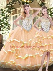 Sleeveless Organza Floor Length Zipper Sweet 16 Dresses in Peach with Beading and Ruffled Layers