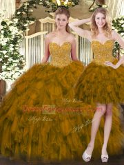 Exquisite Tulle Sweetheart Sleeveless Lace Up Beading and Ruffles Vestidos de Quinceanera in Olive Green