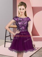 Dazzling Purple Scoop Neckline Sequins Quinceanera Dama Dress Cap Sleeves Zipper