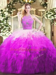 Inexpensive Tulle Halter Top Sleeveless Zipper Beading and Ruffles 15 Quinceanera Dress in Multi-color