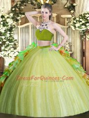 Floor Length Two Pieces Sleeveless Olive Green Ball Gown Prom Dress Backless