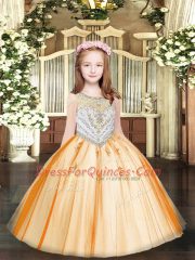 Fashion Sleeveless Tulle Floor Length Zipper Girls Pageant Dresses in Orange with Beading and Appliques