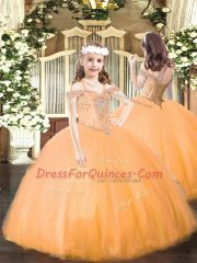 Wonderful Orange Ball Gowns Beading Kids Pageant Dress Lace Up Tulle Sleeveless Floor Length
