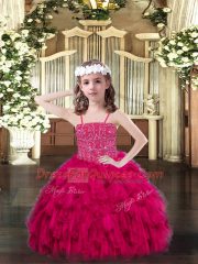 Sleeveless Organza Floor Length Lace Up Pageant Dress in Fuchsia with Beading and Ruffles