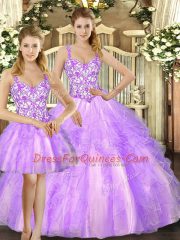 Pretty Lilac Lace Up Straps Beading and Ruffles 15th Birthday Dress Organza Sleeveless