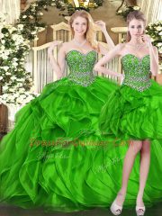 Sexy Green Ball Gowns Organza Sweetheart Sleeveless Beading and Ruffles Floor Length Lace Up Sweet 16 Dress