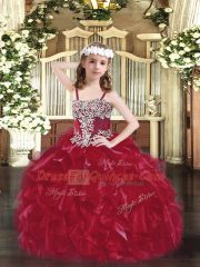 Wine Red Organza Lace Up Little Girl Pageant Dress Sleeveless Floor Length Appliques and Ruffles