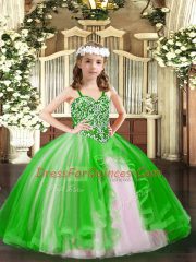 Green Tulle Lace Up Girls Pageant Dresses Sleeveless Floor Length Beading