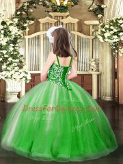 Green Tulle Lace Up Girls Pageant Dresses Sleeveless Floor Length Beading