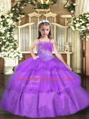 Floor Length Lace Up Pageant Gowns Purple for Party and Sweet 16 and Quinceanera and Wedding Party with Beading and Ruffled Layers