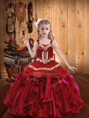 Red Sleeveless Embroidery and Ruffles Kids Formal Wear