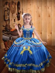 Trendy Blue Lace Up Kids Formal Wear Beading and Embroidery Sleeveless Floor Length