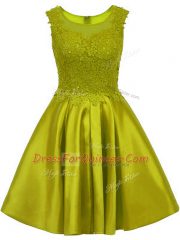 Dazzling Olive Green A-line Lace Dama Dress Zipper Satin Sleeveless Mini Length