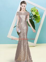 Champagne Mermaid Sequins Evening Dress Zipper Sequined Cap Sleeves Floor Length