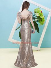 Champagne Mermaid Sequins Evening Dress Zipper Sequined Cap Sleeves Floor Length