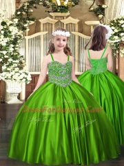 Pretty Floor Length Green Little Girl Pageant Gowns Straps Sleeveless Lace Up