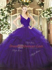 Edgy Floor Length Purple Vestidos de Quinceanera Organza Sleeveless Beading and Lace and Ruffles