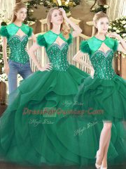 Edgy Dark Green Ball Gowns Beading and Ruffles Quinceanera Gowns Lace Up Tulle Sleeveless Floor Length