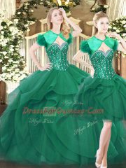 Edgy Dark Green Ball Gowns Beading and Ruffles Quinceanera Gowns Lace Up Tulle Sleeveless Floor Length