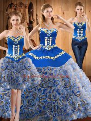 Multi-color Three Pieces Sweetheart Sleeveless Satin and Fabric With Rolling Flowers With Train Sweep Train Lace Up Embroidery Vestidos de Quinceanera