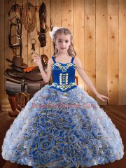 Exquisite Multi-color Straps Neckline Embroidery and Ruffles Little Girls Pageant Gowns Sleeveless Lace Up
